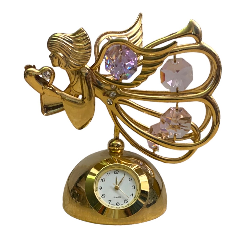 Quartz Miniature Novelty Gilded Brass Gold Effect Crystal Angel Figurine Clock